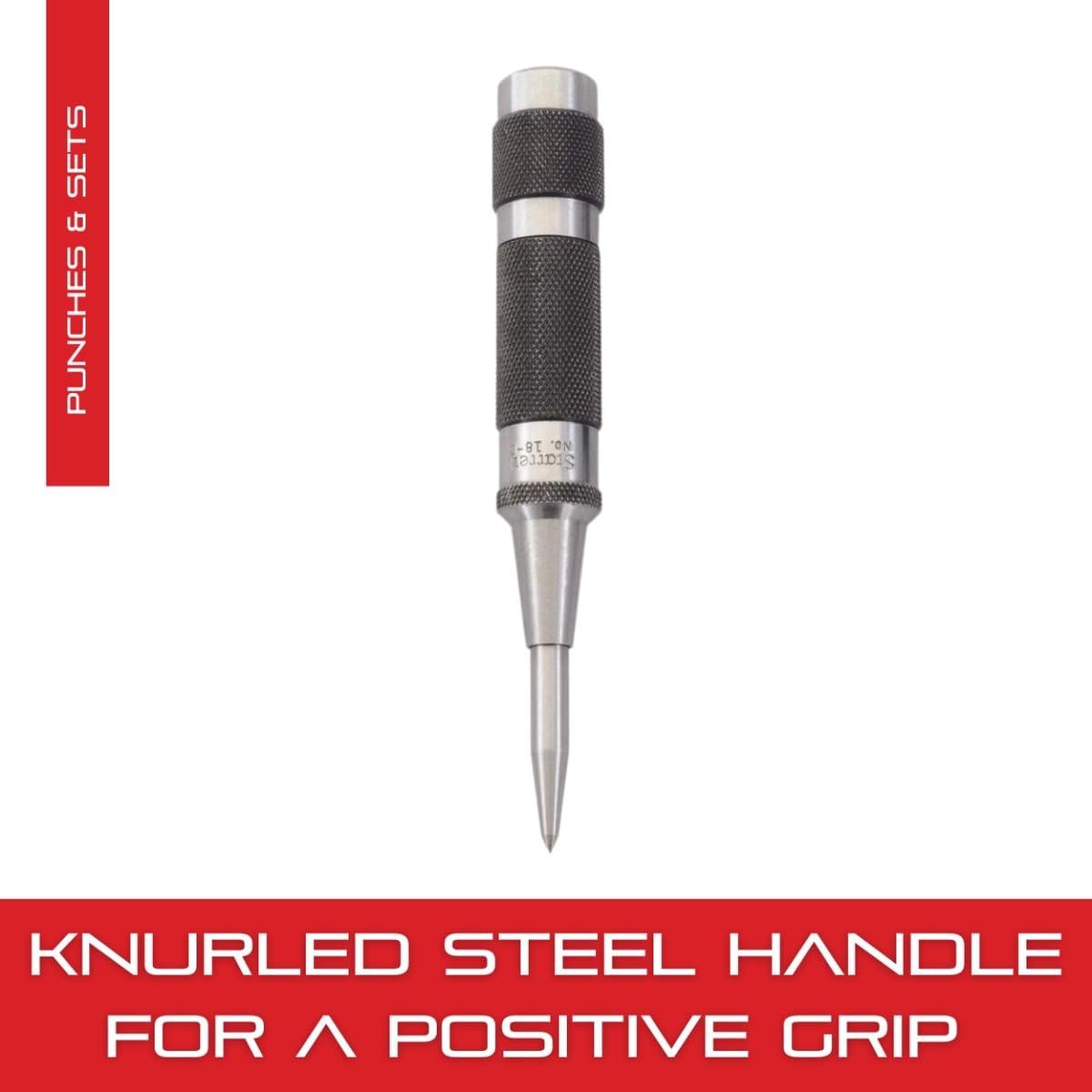 Starrett Steel Automatic Center Punch with Adjustable Stroke - 5-1/4" Length, 11/16" Punch Diameter, Lightweight, Knurled Steel Handle - 18C