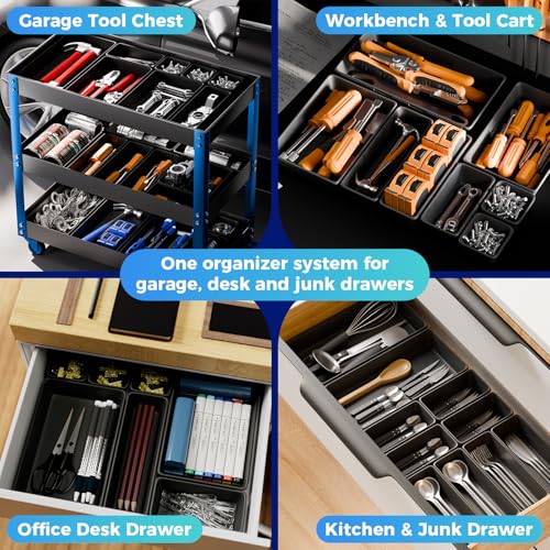 ALIKZO 70PCS Tool Box Organizer Tray Set 5 Sizes with EVA Non Slip Pads (Black) – Interlocking Drawer Bins