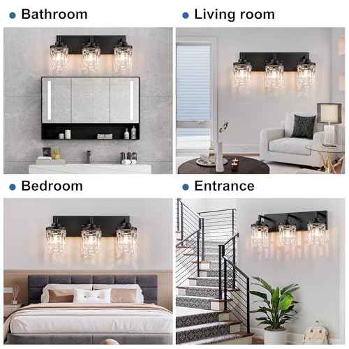 Black Vanity Light, 3 Light Crystal Modern Farmhouse Bathroom Lights, with Clear Glass Shade, Rustic Bathroom Light Fixtures, Black Bathrooms Wall Light Over Mirror for Living Room, Bedroom, Hallway