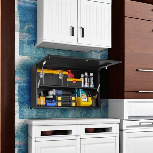 Polup Metal Garage Wall Cabinet, 20" H Wall Mounted Storage Cabinet with Door and Adjustable Shelves, Lockable Tool Cabinet, Hanging Cabinet for Workshop, Warehouse, Black - Assembly Required