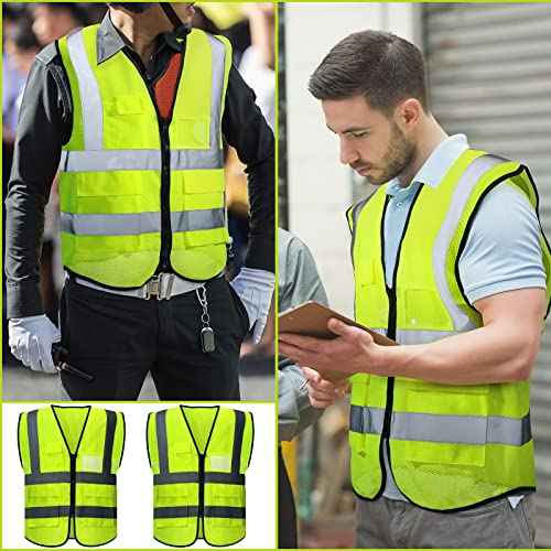 JaGely 12 Pack Reflective Safety Vests with Pockets, High Visibility Mesh Construction Vest for Men Women, Neon Yellow, Size L