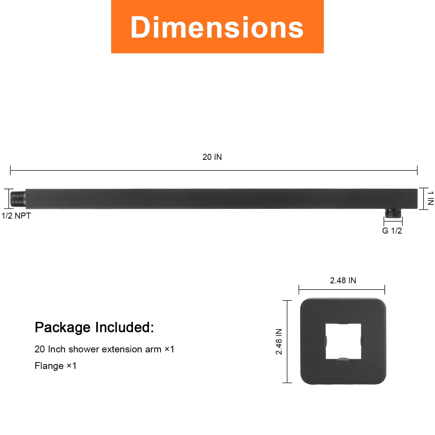 HarJue Shower Arm, Rain Shower Head Extension Extender, With Flange and Teflon Tape, Made of Thicken Stainless Steel for Bathroom Rainfall Shower (20 Inch, Matte Black)