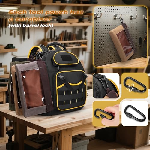 4 Pack Heavy Duty Tool Pouch with Carabiner, 12¡± Canvas Tool Pouch Bag with Clear Window (4 Colors: Black, Gray, Green, Khaki)