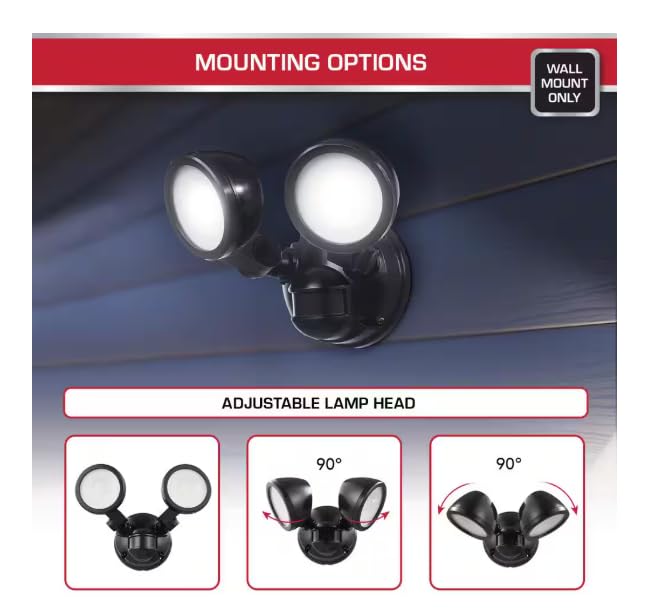 LED Security Light, 2-Head Flood Light, 1000 Lumens, 180° Motion Sensor, 40ft Range, Black