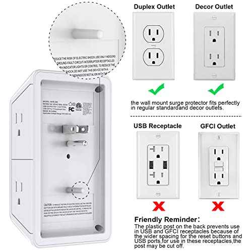POWRUI Multi Plug 6 Outlet Surge Protector Extender with 3 USB Ports (1 USB C) and Night Light, 3-Sided Power Strip with Adapter Spaced Outlets, ETL Listed, White