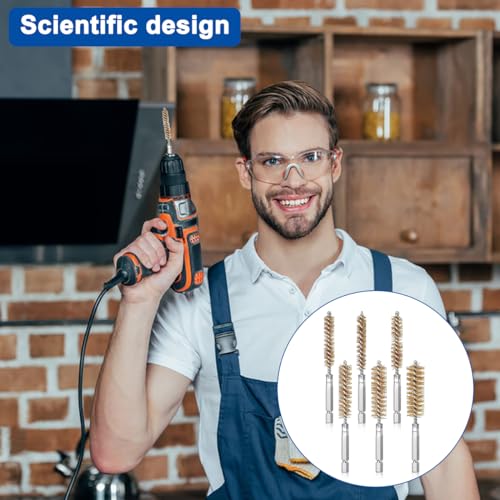 6 Pieces Brass Bore Brush in Different Sizes + 15 Pcs Cleaning Needles Nylon Brushes Tools, Twisted Wire Brush with Handle 1/4 Inch Hex Shank Attachment Drill Set for Tubes Ports Bearings