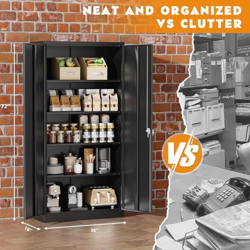 Heavy-Duty Steel Storage Cabinet with Locking Doors, Adjustable Shelves, Black - 72 Inch