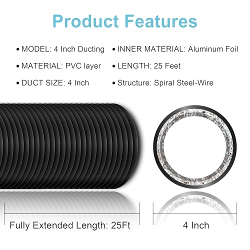 4 Inch Aluminum Dryer Vent Hose, 25 Feet Flexible Air Ducting with 2 Clamps, Heavy-Duty 4-Layer Design for HVAC, Dryer Vent, Grow Tent, Bathroom Exhaust, Kitchen Ventilation - Black PVC