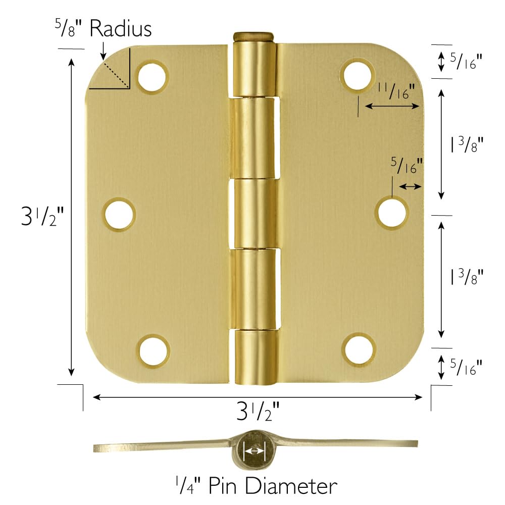 Design House Interior Door Hinges, 3.5 in. x 3.5 in., Rounded, 5/8-in. Radius, Steel, Pre-Lubricated, Door Hardware, Satin Brass, 3-Pack, 181396