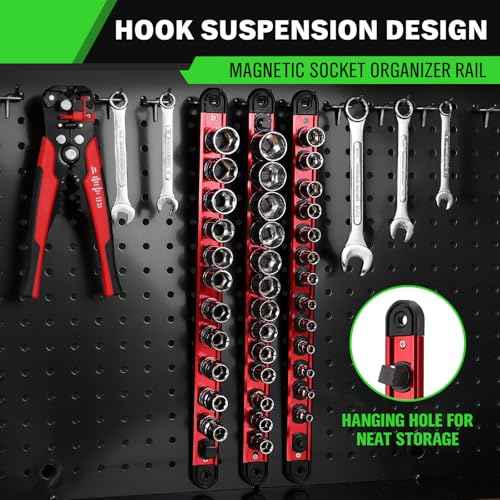 1/2-Inch Magnetic Socket Organizer Rail, Aluminum Alloy Socket Rail, Heavy Duty Sockets Holder with 12 Clips, 360¡Æ Swivel Clip Tool Tray, Sockets Organizer for Tool Box Drawer (Red)