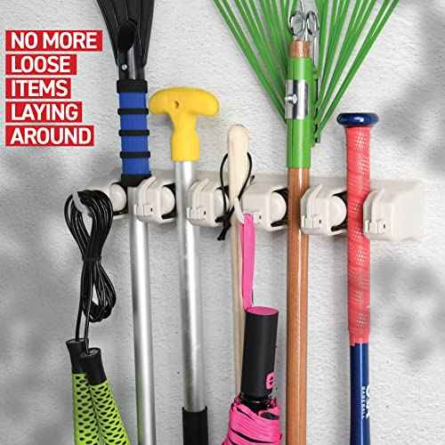 HOME IT Mop And Broom Holder Wall Mount - Garage Storage Systems with 5 Slots, 6 Hooks, 7.5lbs Capacity Per Slot - Garden Tool Organizer For Home, Kitchen, Closet, Garage, Laundry Room - Off-White