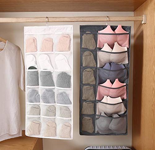 Newraturner Closet Hanging Organizer with Mesh Pockets & Rotating Metal Hanger,Dual Sided Wall Shelf Wardrobe Storage Bags,Oxford Cloth Space Saver Bag for Bra Underwear Underpants Socks (white)