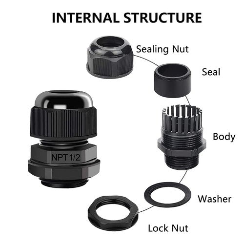 AIRIC 12 Pcs 1/2" NPT Cable Glands Nylon PA66, IP68 Waterproof Adjustable Power Strain Relief Cord Grips, Junction Box Wire Gland Grip Connectors with Gaskets and Locknut, Black