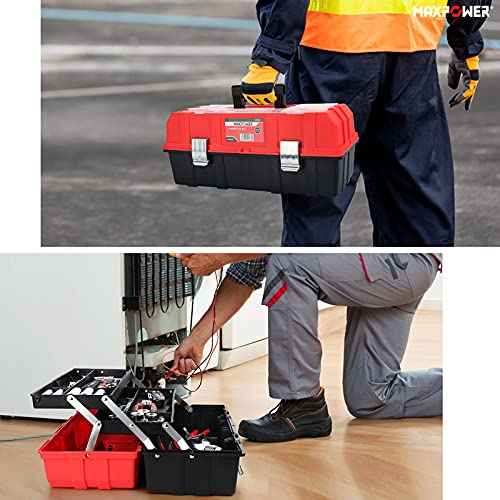 MAXPOWER 16-Inch Tool Box, Three-Layer Folding Plastic Storage Toolbox, Multi-Function Organizer with Tray and Dividers