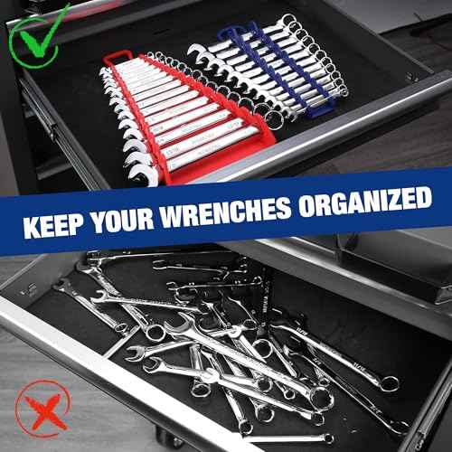 WORKPRO 4-PACK Magnetic Wrench Organizer, 2PC 15-Slot and 2PC 12-Slot Gripper Wrench Holder for Tool Boxes, Flexible Gripping Teeth and Carrying Handle, Fit for SAE and Metric, Blue, Red