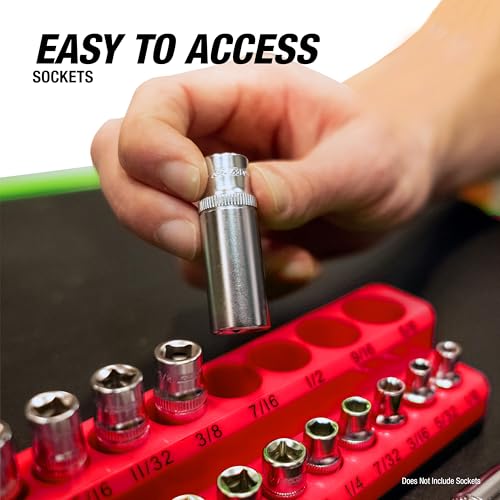 OEMTOOLS 22460 6-Pc Magnetic Socket Tray Set — SAE & Metric, 1/4 3/8 1/2 in Drives, Red & Black