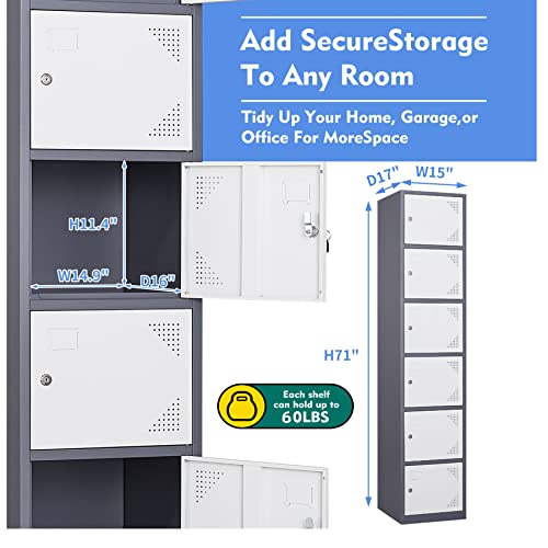 Yizosh 6-Door Metal Locker Storage Cabinet - Tall Steel Lockers for School, Gym, Office, Home, Garage - Gray White