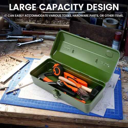 Large Metal Tool Storage Box with Handle for Workshop,15 inches Portable Tool Case with Lid£¬Locking Organiser Box for Hardware Part(green)