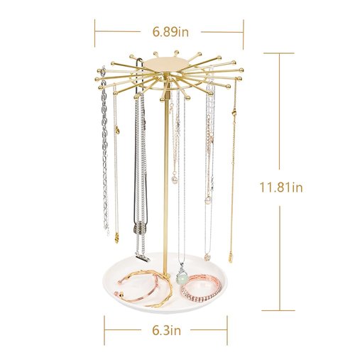 AmaQueen Rotating Necklace Hanger Organizer Tree with Jewelry Tray, Gold Spinning Necklace Chain Display Holder Stand Storage (Golden)