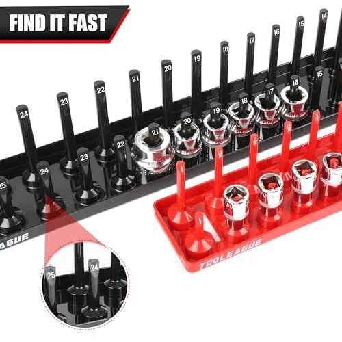 TOOLEAGUE 7Pcs Socket Organizer Tray and Magnetic Wrench Holder Set,Red SAE & Black Metric, 1/2", 1/4", 3/8" Socket Storage Trays for Tool Box Drawer