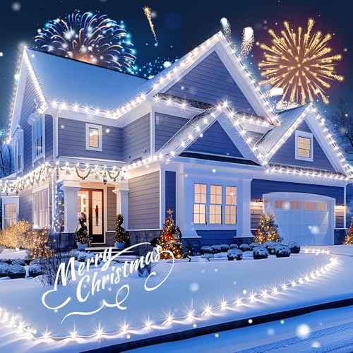 C9 LED Christmas Lights Outdoor with 50 Spring Clips, 50ft 50 LED Waterproof Strawberry String Lights, Commercial Grade Extendable Perfect for Roofline Patio House Xmas Decor, Pure White