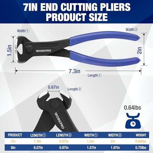 WORKPRO 7 Inch Nail Puller, End Cutting Pliers - Black Finish Chrome Vanadium Steel, High Leverage End Cutting Nipper, Carpenters Pincers, End Snips for Pulling Nails or Cutting Wires
