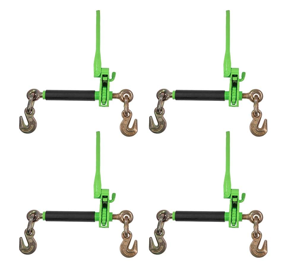 Mytee Products 4 Pack 5/16" - 3/8" Hi-Viz Green Heavy Duty Folding Handle Ratchet Load Binder w/Grab Hook 7,100 lbs WLL | Tie Down Hauling Chain Binders for Flatbed Truck Trailer