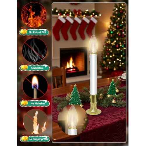 10 Pack Ultra-Bright LED Christmas Window Candles with Brass-Plated Base, Battery Operated Flameless Candles with LED C26 Warm White Bulbs Christmas Window Lights for Holiday Home Wedding Decorations