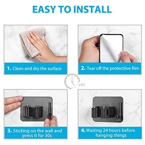 Mop Broom Holder No Drill, Mop Broom Organizer Wall Mounted Heavy Duty with Hooks Hanger, Self Adhesive Stainless Steel 6Pcs for Bathroom, Kitchen, Office (Black)