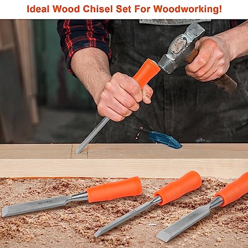 4 Piece Wood Chisel Sets Woodworking Tools Set, Wood Chisels for Woodworking with Steel Hammer End, Wood Tools Chisel Set Woodworking with Ergonomic Plastic Handle, 6mm, 12mm, 18mm, 24mm