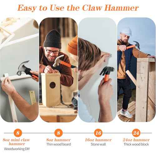 16oz Claw Hammer, Straight Rip Hammer, Fiberglass General Purpose Claw Hammer with Smooth Face & Non-slip Grip