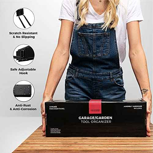 TIDYME Garage Tool Organizer Wall Mount - 32 inches - Sturdy Storage Rack with Adjustable Hooks, Anti-Rust - Easy Installation, 200lbs Capacity - Garden Tool Organizer (02 Racks & 04 Hooks)