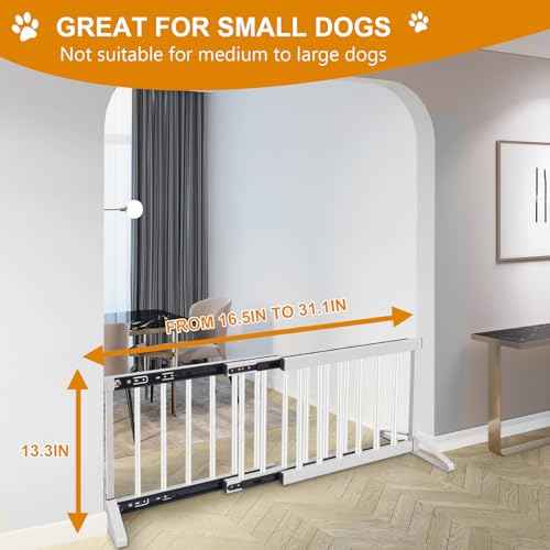 White Metal Dog Gate for Small Dogs - 13.3" Short Freestanding Puppy Gate with Retractable Sliding Rail, No Installation, Indoor/Outdoor Use, Foldable & Portable Pet Barrier