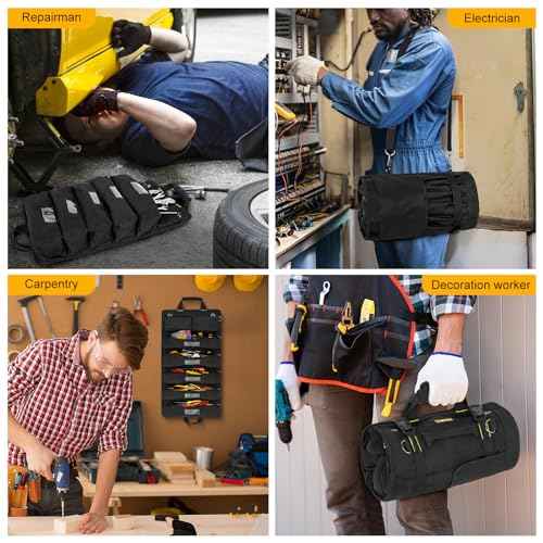 Tool Bag,Large Roll Up Tool Bag Organizer,13 Pockets Tool Roll Storage Pouch,Heavy Duty Portable Tool Storage Carrier Bag for Men,Mechanic,Electrician & Hobbyist,Black