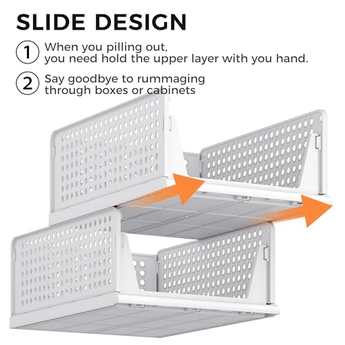 Pinkpum 6 Pack Closet Organizers Storage Box, Stackable Plastic Drawer Basket for Clothing, Stackable Storage Bins Shelf Storage Container for Closet Wardrobe Bedroom Bathroom Office White