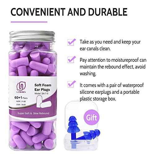 LYSIAN Ultra Soft Foam Earplugs Sleep - 38dB SNR Noise Cancelling Ear Plugs for Sleeping, Shooting, Snoring, Work Loud Sound Reduction- 60 Pairs Valued Pack,Purple