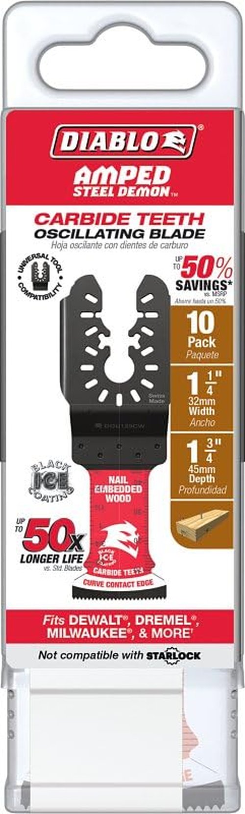 Diablo Amped Demo Demon Universal Fit Carbide Oscillating Blade for Nail-Embedded Wood - 1-1/4" Cutting Width, 1-3/4" Cutting Depth, 10-Pack - DOU125CW10