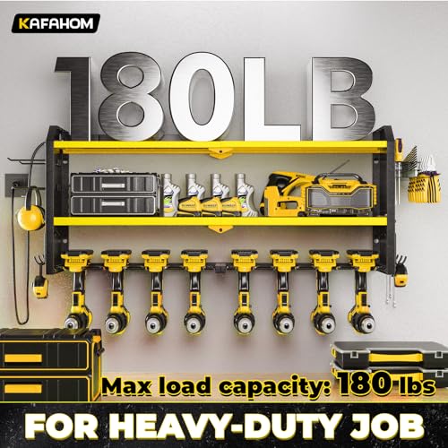 KAFAHOM Power Tool Organizer with Charging Station, Built in 8 Outlet Power Strip,Large 8 Drill Holder Wall Mount, Heavy Duty Metal Power Tool Storage Rack Tool Shelf for Garage Organization Black