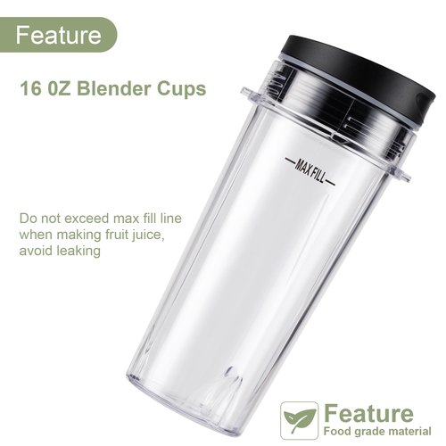Equust 5-piece Ninja Blender Cups Replacement Single Serve 16oz Cups with Sip & Seal Lids, 6 Fins Extractor Blade Compatible with Nurti Ninja Blenders Pro BL660 BL663 BL663CO BL665Q BL740 BL770