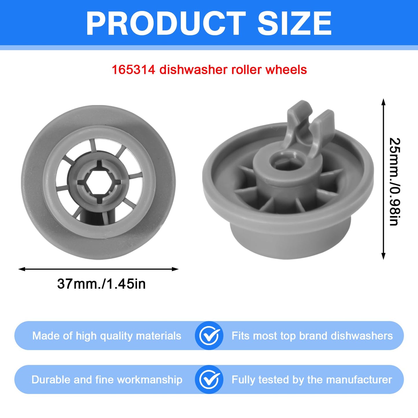4 Pack 165314 Dishwasher Lower Rack Wheels Replacement for Bosch Kenmore Dishwashers, Replaces 420198 423232 AP2802428 PS3439123 PS8697067, Bottom Dishrack Roller