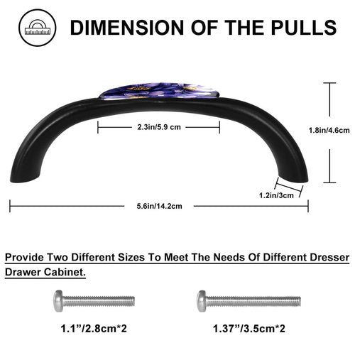 NEWzone 4 Pack 5.6 Inch Cabinet Pulls Kitchen Cabinet Handles with Purple Flower, Black Cabinet Hardware Stainless Steel Kitchen Drawer Pulls for Cabinets Cupboard, 125mm Hole Center