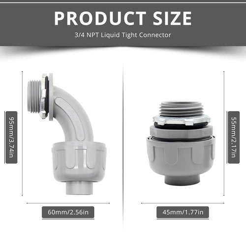 AIRTAK 30-Pack 3/4" Liquid Tight PVC Electrical Conduit Connectors, Flexible Fittings (15Pack of 90°& 15 Pack of 180°Angles).