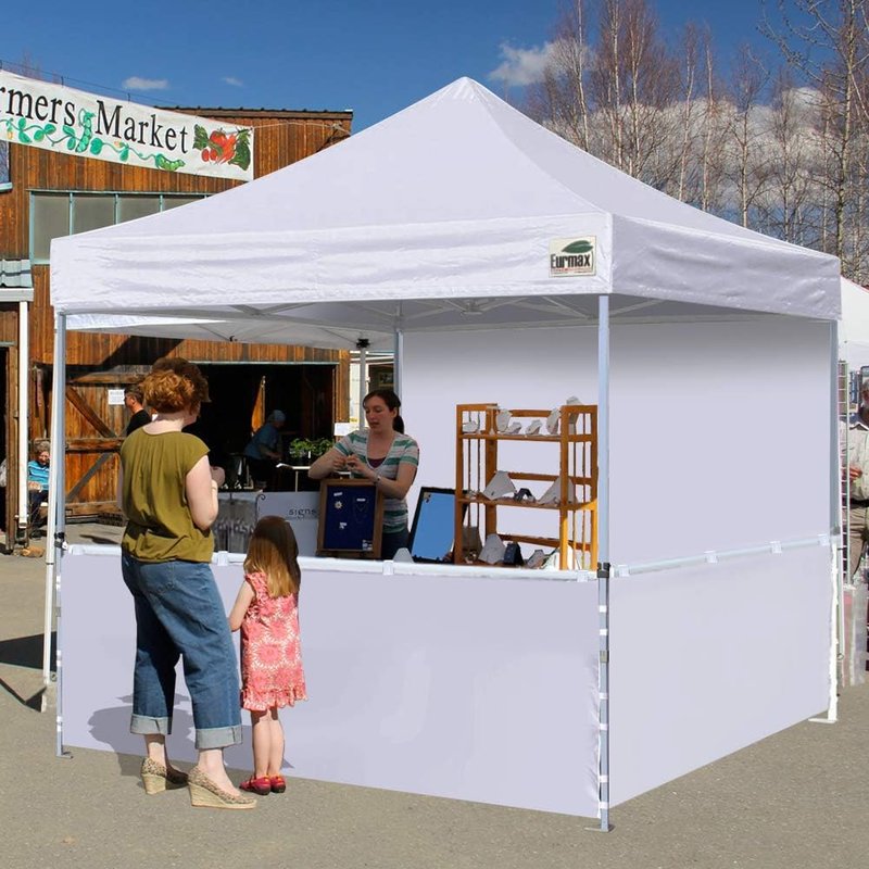 Eurmax USA 10'x10' Pop-up Booth Canopy Tent Commercial Instant Canopies with 1 Full Sidewall & 2 Half Walls and Roller Bag, with 4 SandBags + 2 Cross-Bar (White)