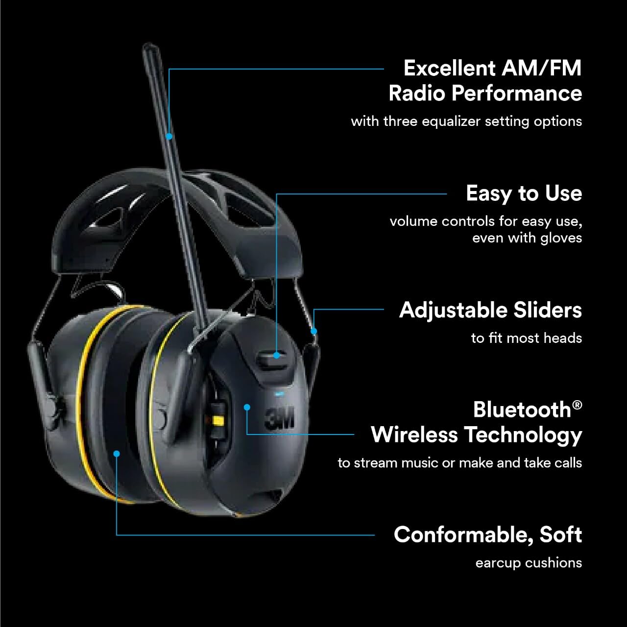 3M WorkTunes Connect + AM/FM Wireless Hearing Protector with Bluetooth Technology, Bluetooth Hearing Protection with a 26 dB Noise Reduction Rating