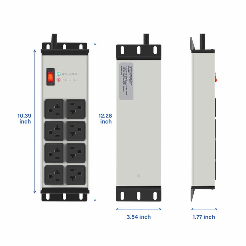 CCCEI Heavy Duty Power Strip Surge Protector 20 AMP Switch, 12 Gauge Extension Cord with Multiple Outlets, Industrial, Shop, Garage High Amp Wall Mount Electric Extender. 6FT, Grey.