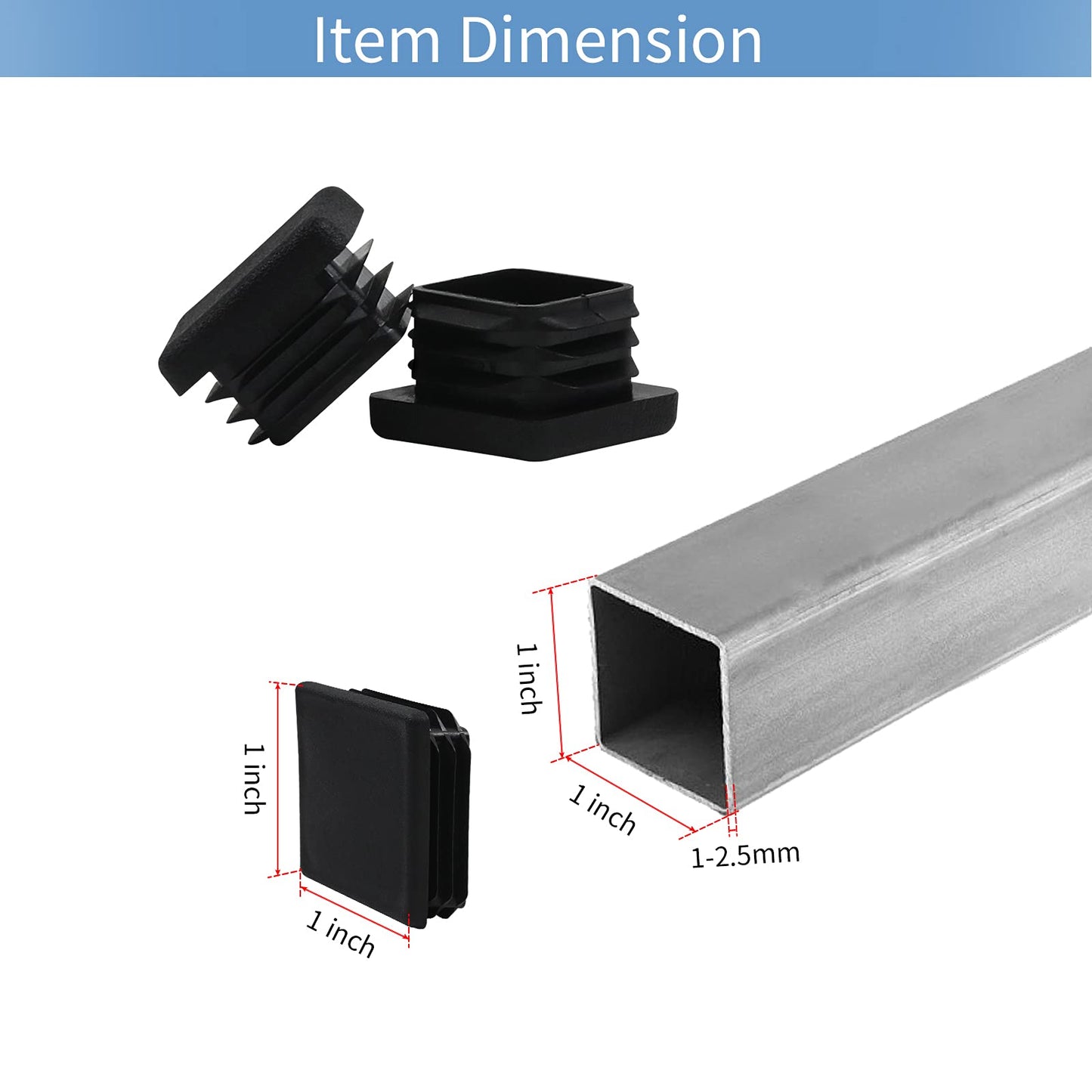 WZB 1 1x1 Square Tube End Cap Plastic Plugs 12 Pack, 1x1 1 Inch Square Tubing Plug 1x1 Tube End Caps Fence Post Pipe Cap Cover Tubing Insert Chair Glide Finishing Plugs, Black