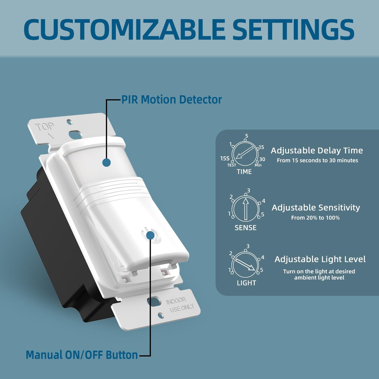 ECOELER Motion Sensor Light Switch, No Neutral Wire, PIR Infrared Motion Activated Wall Switch with Sensitivity Adjustable, OCC & VAC Selectable, Single Pole, UL Listed & FCC Listed, White