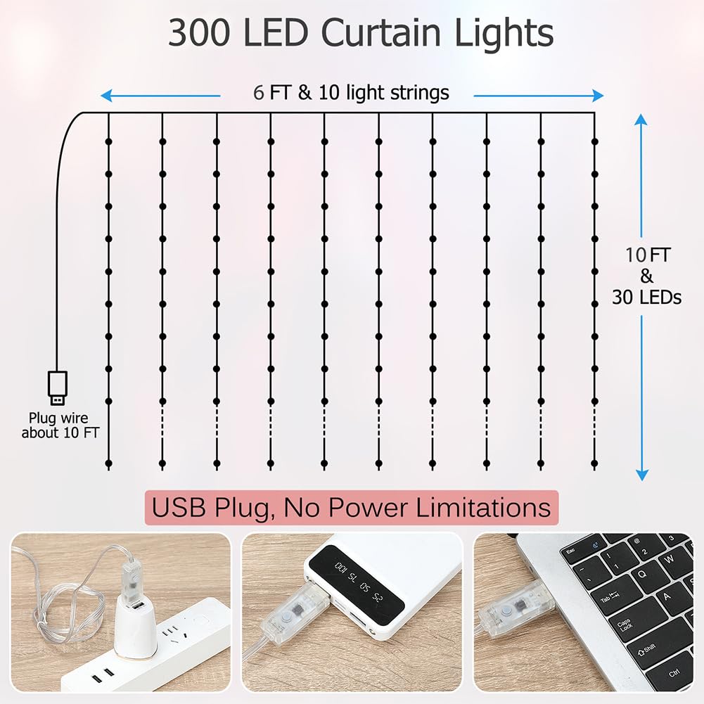 KepStars Curtain Lights 10ft x 10ft, 300 LED Twinkle Fairy String Lights Curtain with Remote & Timer, IP65 Waterproof, USB Powered for Indoor Outdoor Wall Bedroom Backdrop Christmas Decor - Warm White