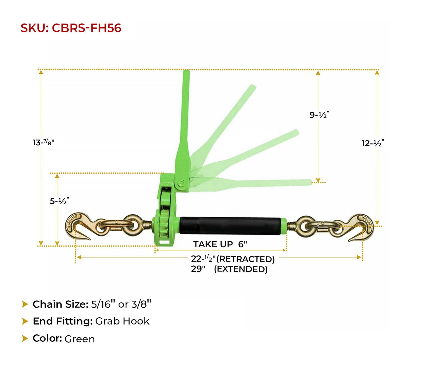 Mytee Products 4 Pack 5/16" - 3/8" Hi-Viz Green Heavy Duty Folding Handle Ratchet Load Binder w/Grab Hook 7,100 lbs WLL | Tie Down Hauling Chain Binders for Flatbed Truck Trailer