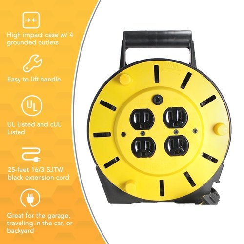 Woods Light Duty Extension Cord Reel, 25Ft, 16 Gauge, 3 Conductor, 4-Outlets, 12A Circuit Breaker, Yellow/Black, 4907